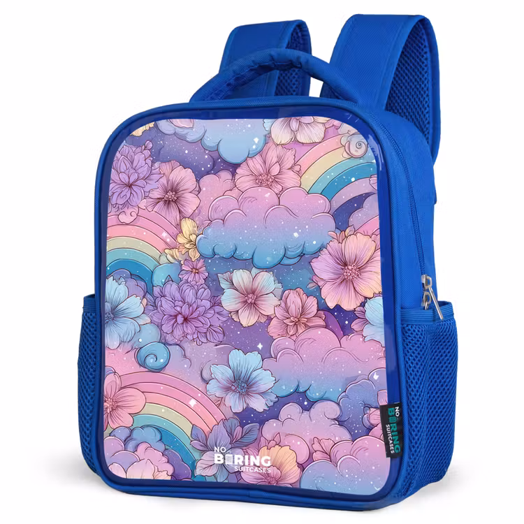Kids backpack - Blue - Illustration of clouds, rainbows and flowers — 3