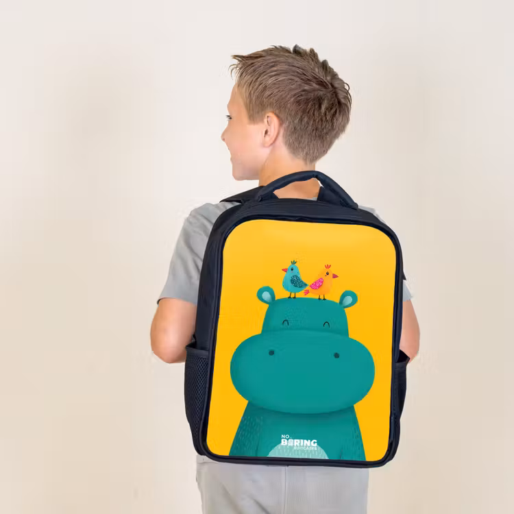 Kids backpack - Black - Hippo - Birds - Yellow — 2