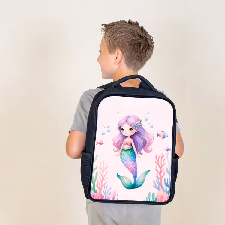 Kids backpack - Black - Mermaid surrounded by fish and coral — 2