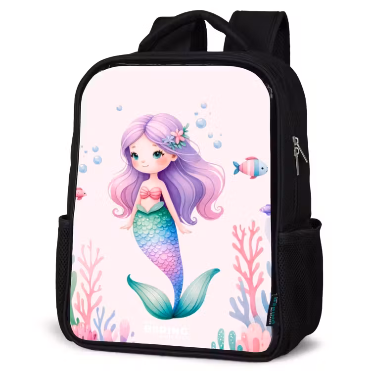 Kids backpack - Black - Mermaid surrounded by fish and coral — 4