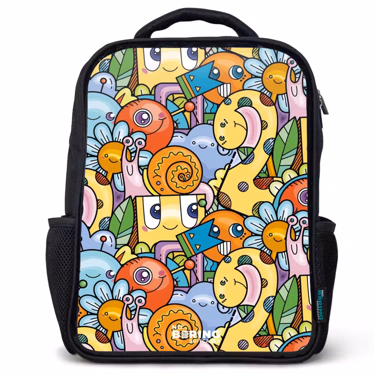 Kids backpack - Black - Cartoon of different creatures and faces — 1