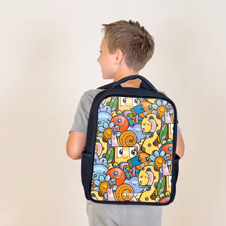 Kids backpack - Black - Cartoon of different creatures and faces — 2