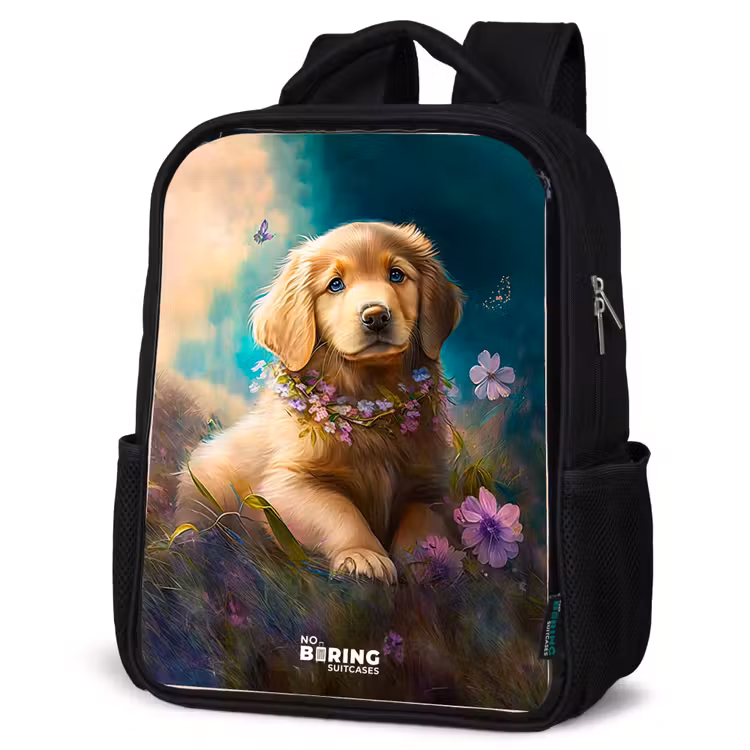 Kids backpack - Black - Golden puppy in the grass — 4