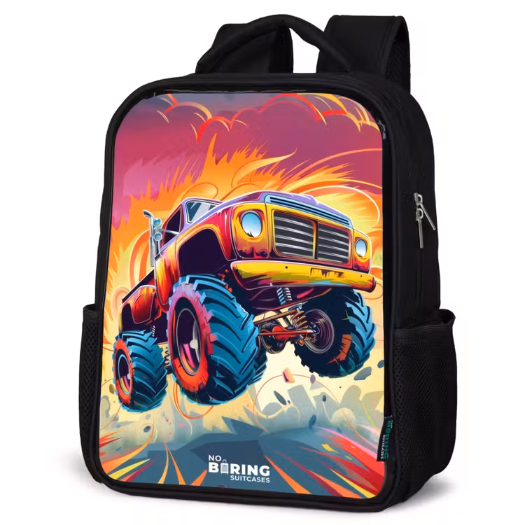 Kids backpack - Black - Pink Monster Truck Flies Over the Tarmac — 4