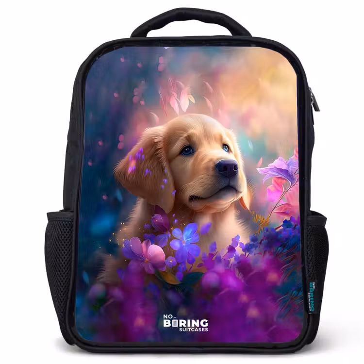 Kids backpack - Black - Young dog among brightly colored flowers — 1