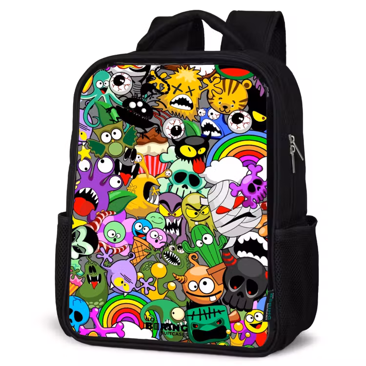 Kids backpack - Black - Chaotic colorful monster pattern — 4