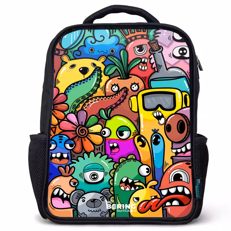 Kids backpack - Black - Expressive and busy pattern with samples — 1