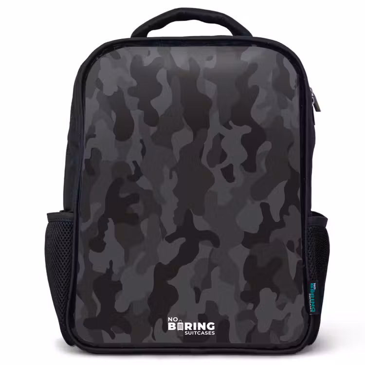 Kids backpack - Black - Green camouflage print — 1