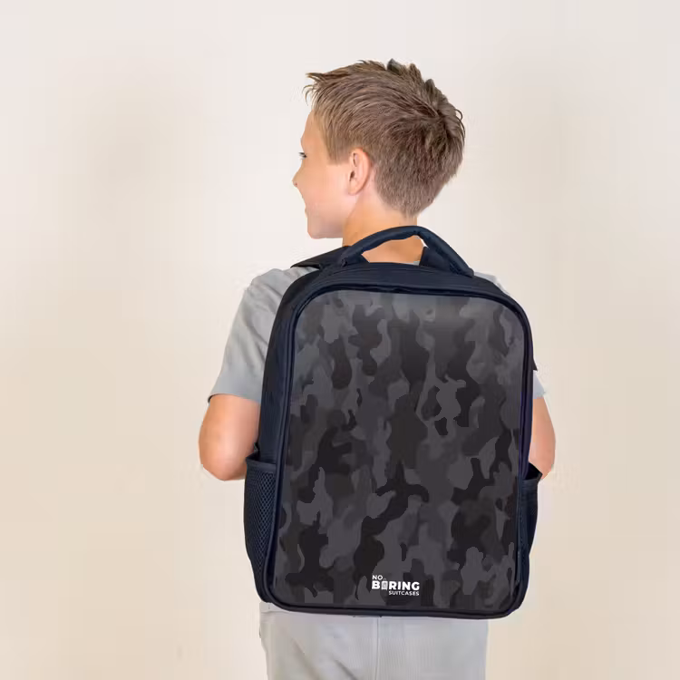 Kids backpack - Black - Green camouflage print — 2