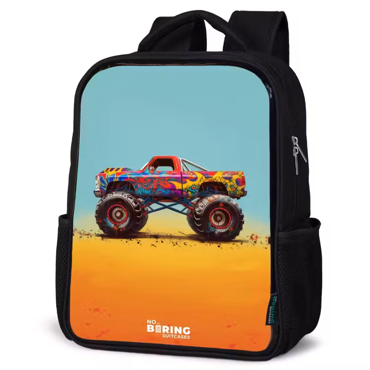 Kids backpack - Black - Monster Truck with Graffiti Print in the Sand — 4