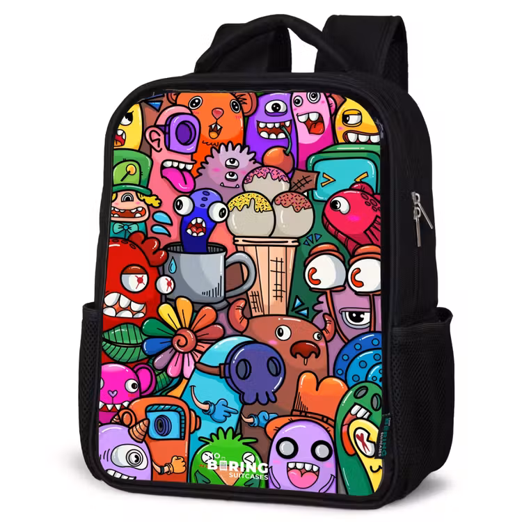 Kids backpack - Black - Monsters, flowers and ice cream pattern — 4