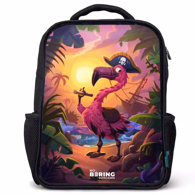 Kids backpack - Black - Pirate flamingo on a tropical pad — 1