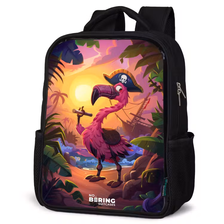 Kids backpack - Black - Pirate flamingo on a tropical pad — 4
