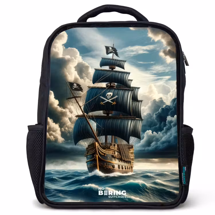 Kids backpack - Black - Pirate ship on a raging sea — 1