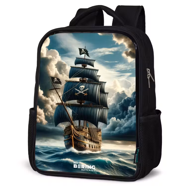 Kids backpack - Black - Pirate ship on a raging sea — 4