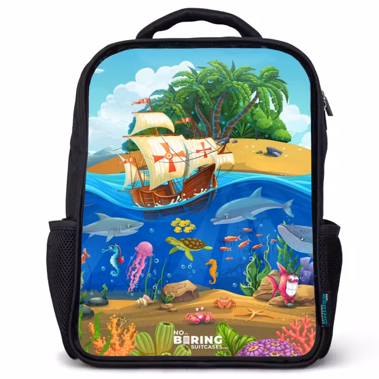 Kids backpack - Black - Sailing ship on the ocean — 1