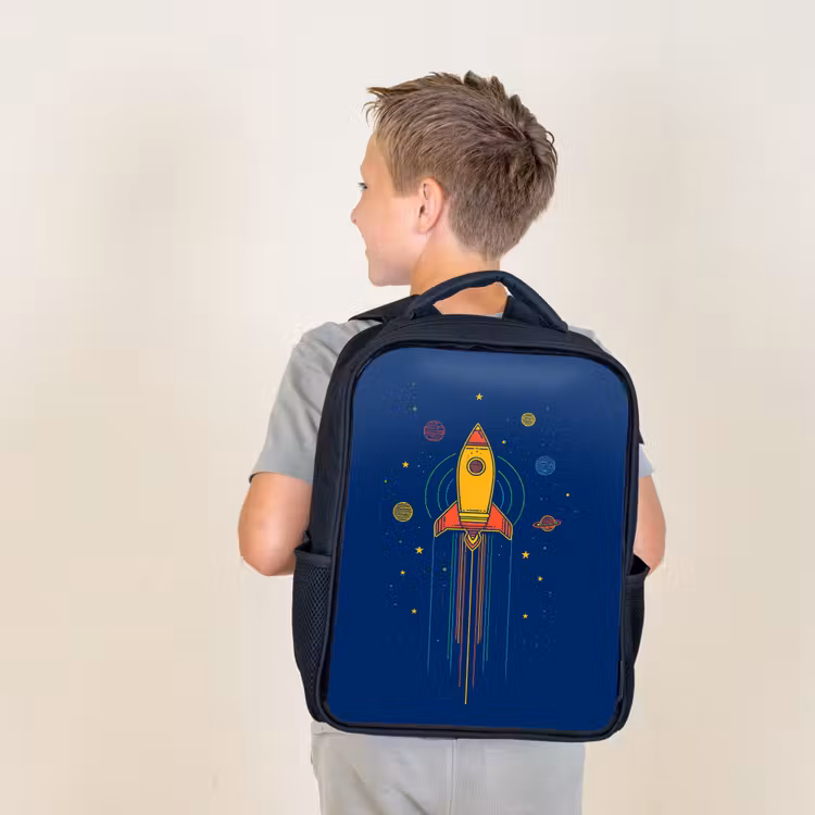Kids backpack - Black - Rocket - Blue - Stars — 2