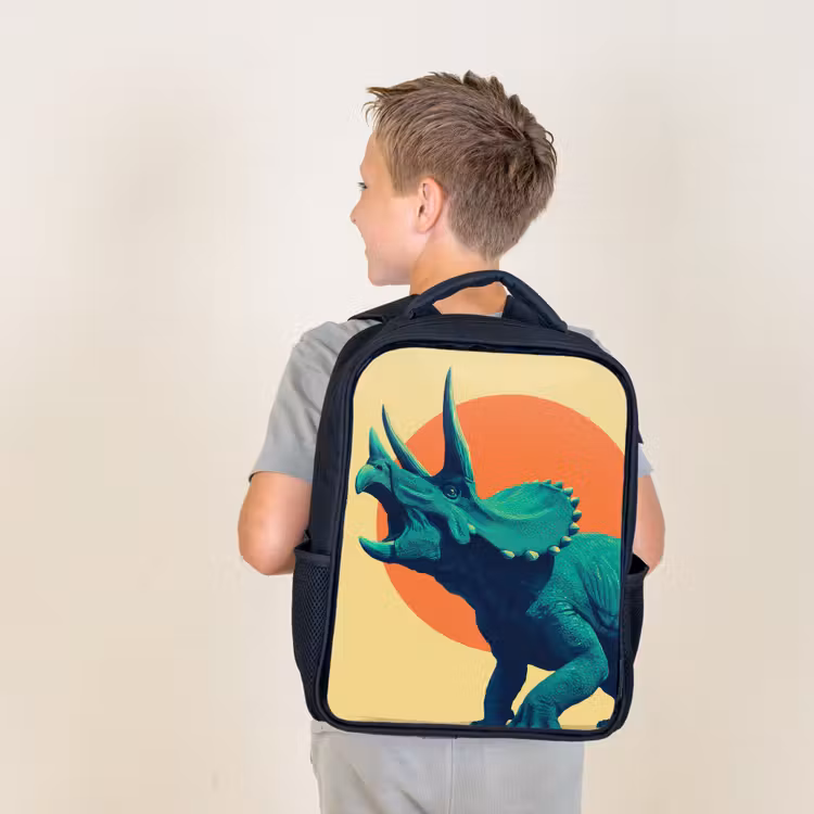 Kids backpack - Black - Triceratops - Circle - Orange - Horns — 2