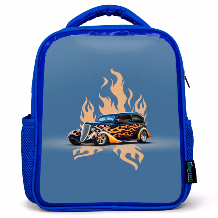 Kids backpack - Blue - Black car with beige flames — 1
