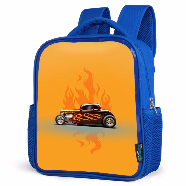 Kids backpack - Blue - Brown car with yellow flames — 3