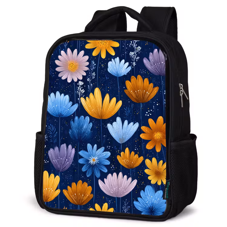 Kids backpack - Black - Flowers - Pattern - Blue - Contrast — 4