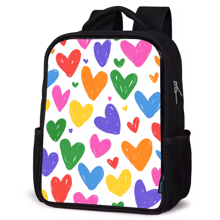 Kids backpack - Black - Hearts - Pattern - Colorful — 4