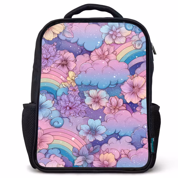 Kids backpack - Black - Rainbows - Flowers - Colorful - Clouds — 1