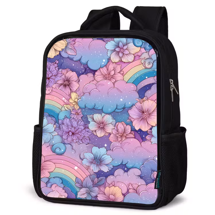 Kids backpack - Black - Rainbows - Flowers - Colorful - Clouds — 4