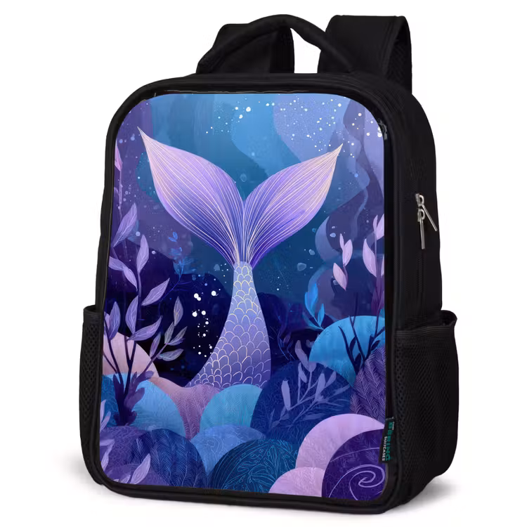 Kids backpack - Black - Mermaid tail - Underwater plants - Purple - Blue — 4