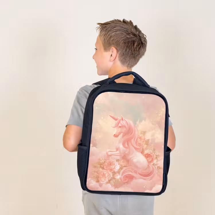 Kids backpack - Black - Unicorn - Clouds - Pink — 2