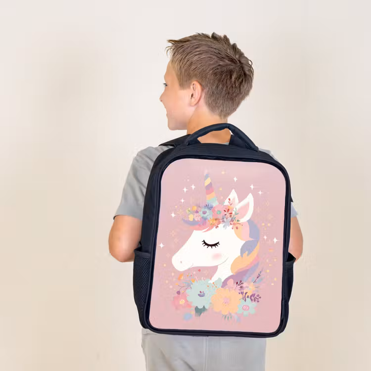 Kids backpack - Black - Unicorn - Pink - Flowers — 2