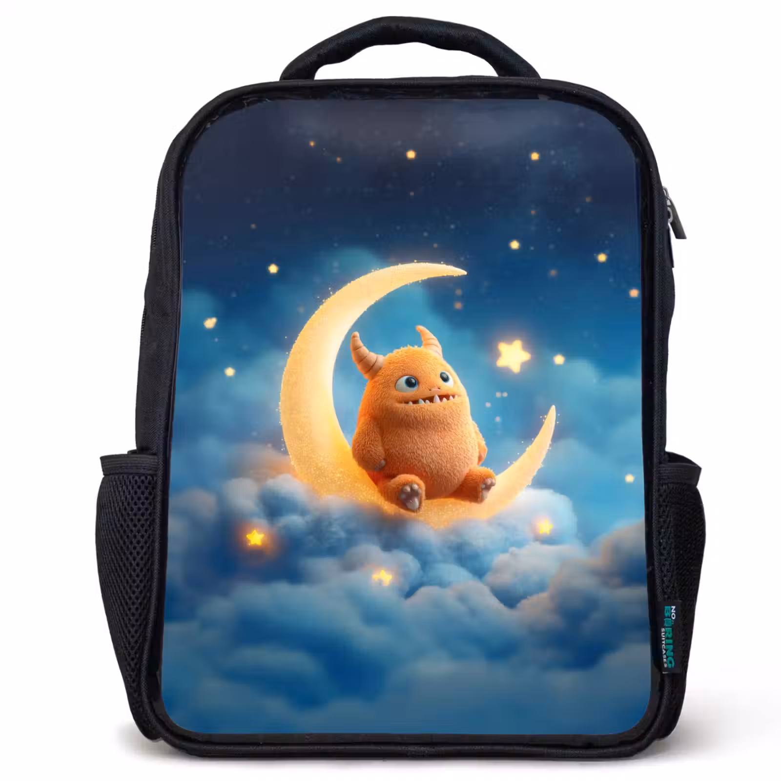 Kids backpack - Black - Soft toy - Monster - Moon - Clouds — 1