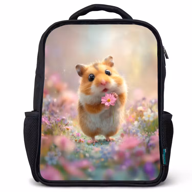Kids backpack - Black - Hamster - Flowers - Pink - Orange — 1