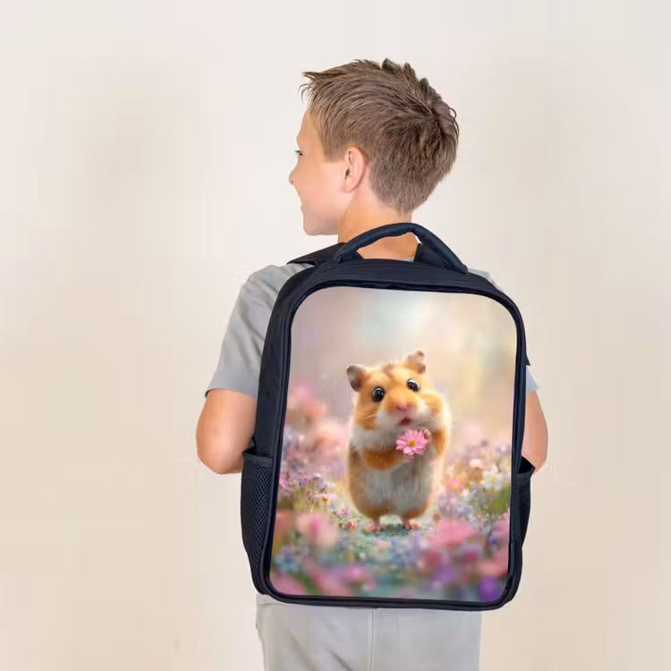 Kids backpack - Black - Hamster - Flowers - Pink - Orange — 2