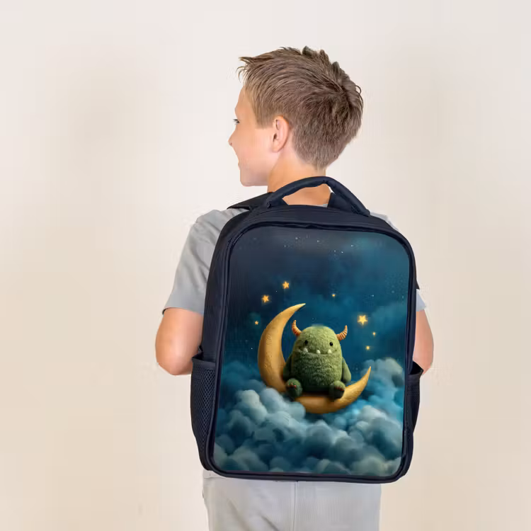 Kids backpack - Black - Monster - Green - Moon - Clouds — 2