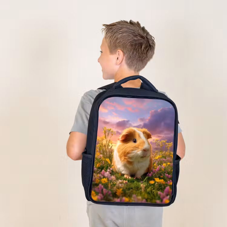 Kids backpack - Black - Guinea pig - Colorful - Flowers — 2