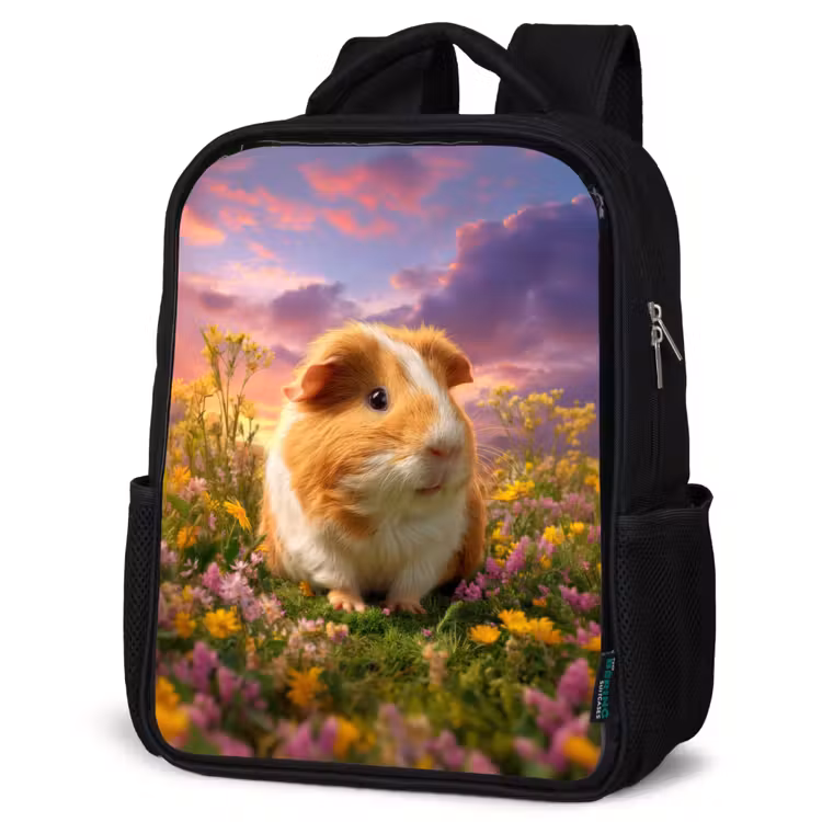 Kids backpack - Black - Guinea pig - Colorful - Flowers — 4