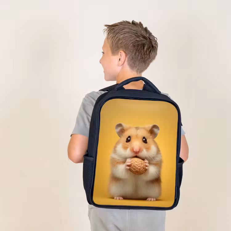 Kids backpack - Black - Hamster - Nut - Yellow - Rodent — 2