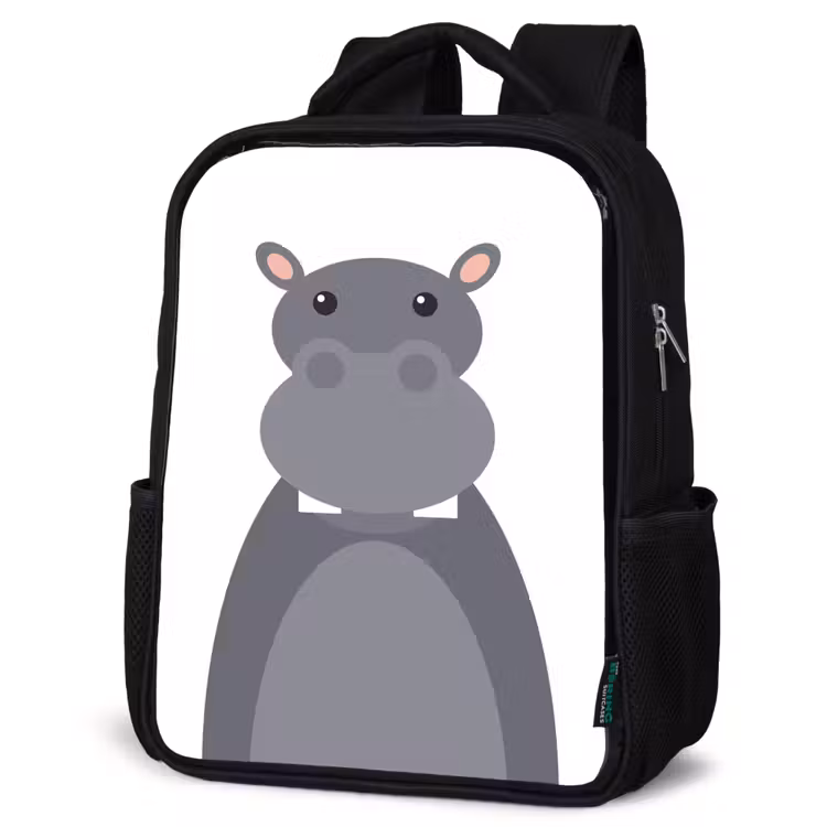 Kids backpack - Black - Animal portrait - hippopotamus - gray — 4