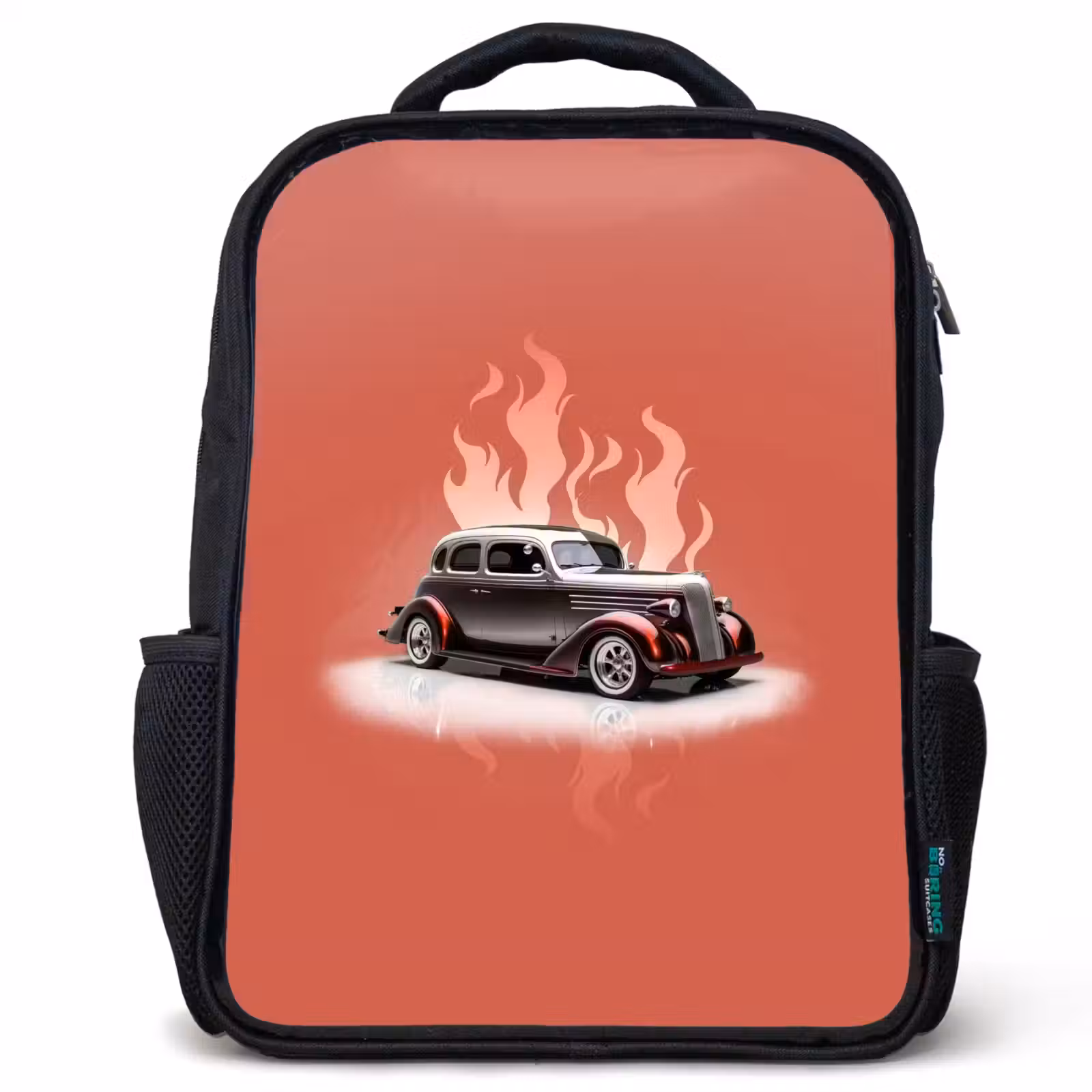 Kids backpack - Black - Gray car with pink flames — 1