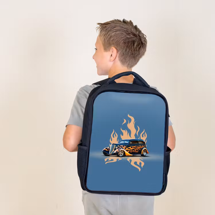 Kids backpack - Black - Black car with beige flames — 2