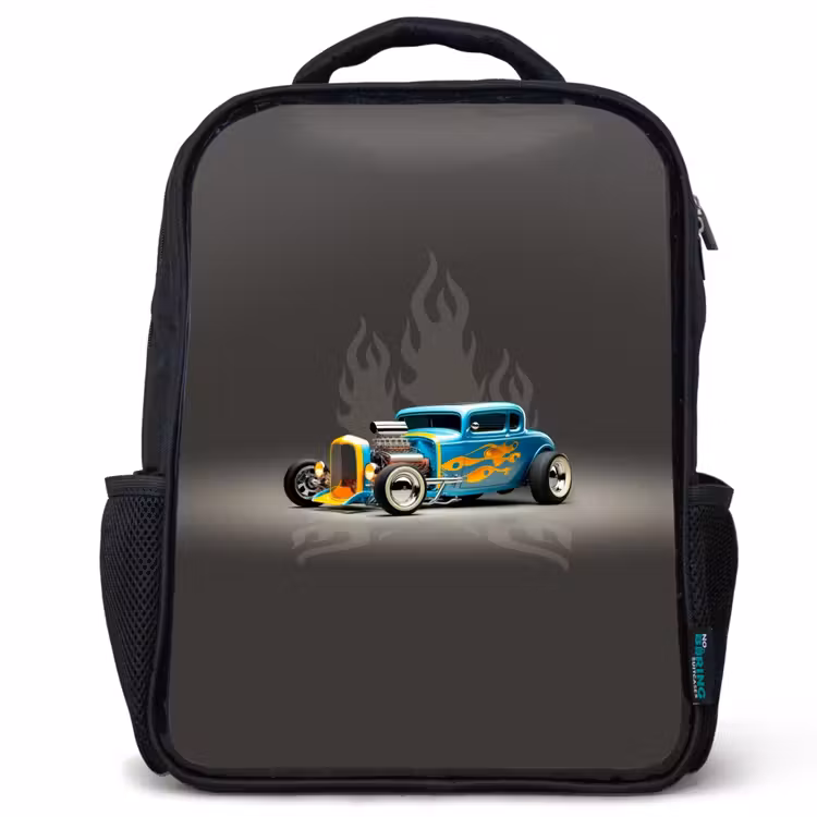 Kids backpack - Black - Blue car with gray flames — 1