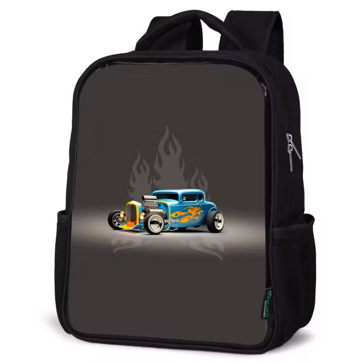 Kids backpack - Black - Blue car with gray flames — 4