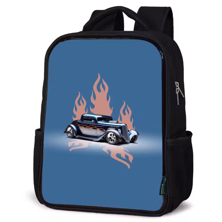 Kids backpack - Black - Blue car with pink flames — 4