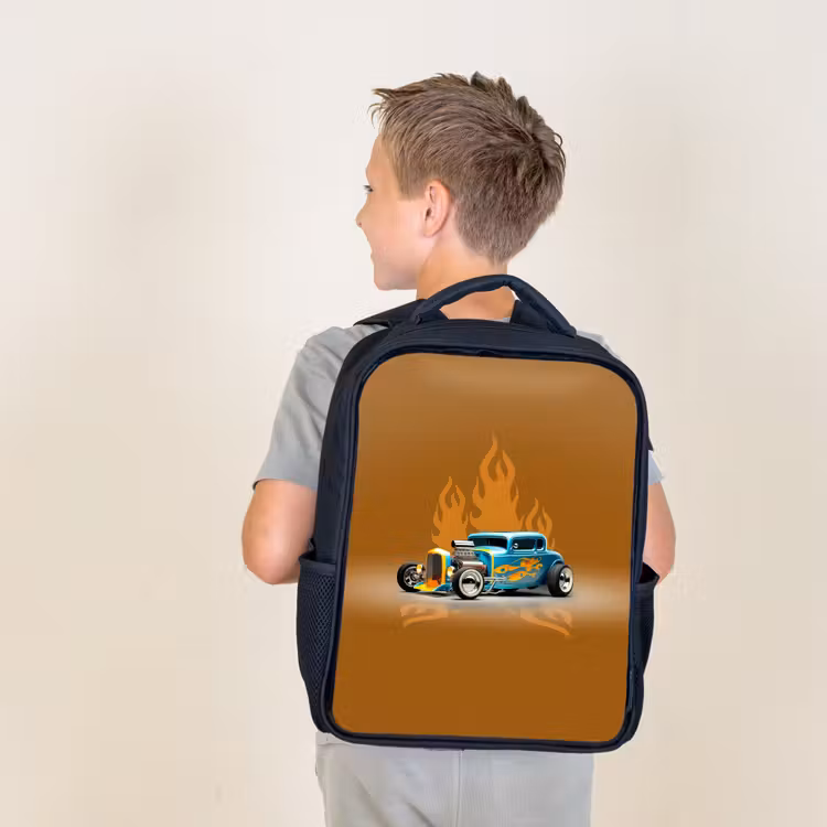 Kids backpack - Black - Blue car with yellow flames — 2