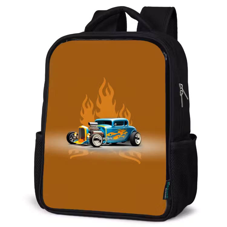 Kids backpack - Black - Blue car with yellow flames — 4
