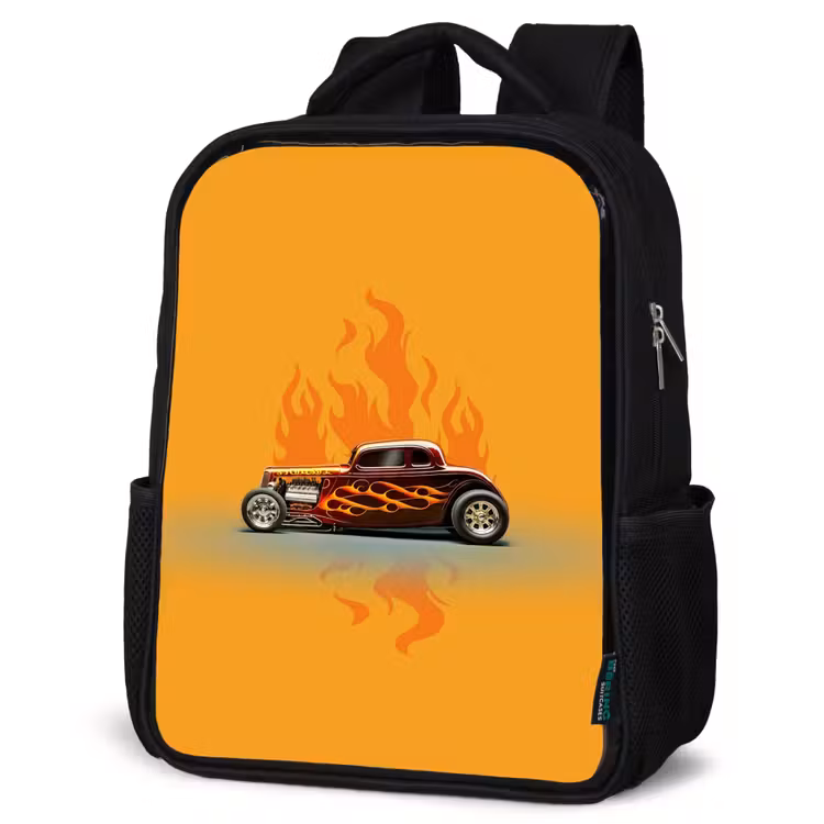 Kids backpack - Black - Brown car with yellow flames — 4