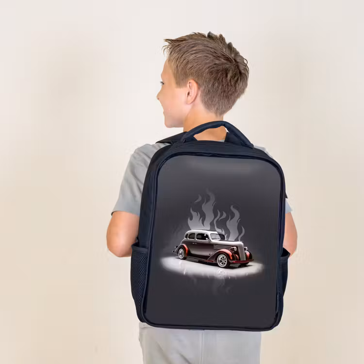 Kids backpack - Black - Gray car with gray flames — 2
