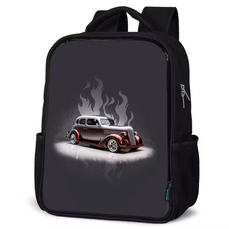 Kids backpack - Black - Gray car with gray flames — 4