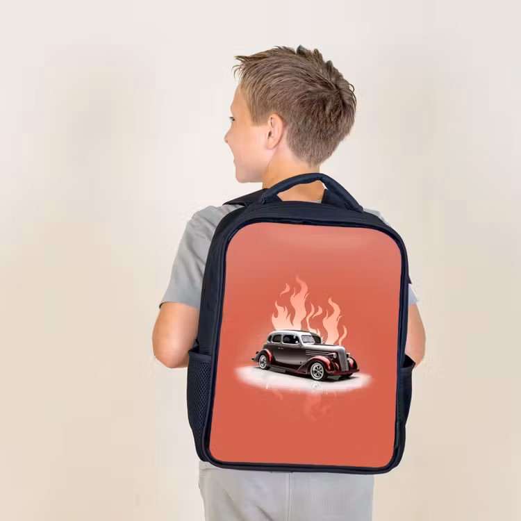 Kids backpack - Black - Gray car with pink flames — 2